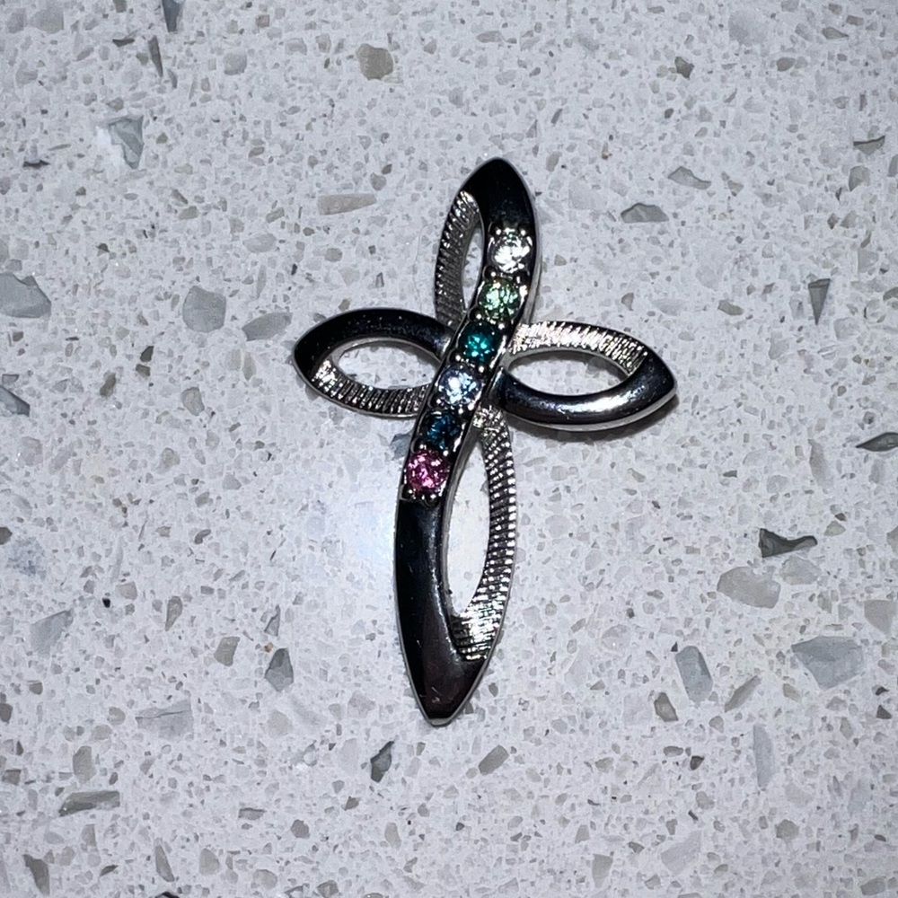 Silver Cross Pendant with Multicolor Gems